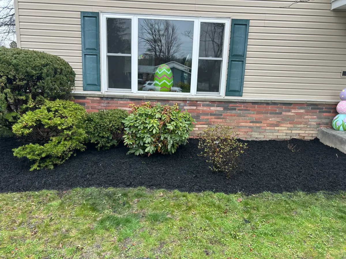 Black mulch beds installed along the front of a home
